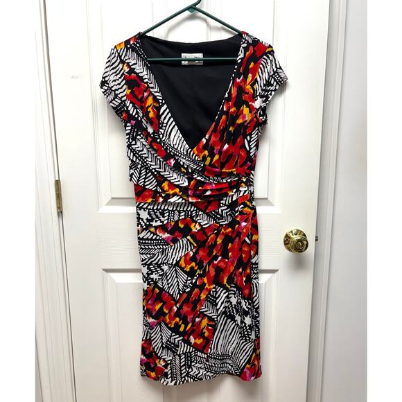 Joseph Ribkoff Dress Abstract Print Faux Wrap V Neck Ruched Multicolor  Size 12 - Picture 2 of 6